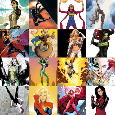 Quake, Mayday Parker, Ms. Marvel, Storm, Wasp, Squirrel Girl, Emma Frost, Gamora, Rogue, She-Hulk, Jean Grey, Jane Foster, Spider-Gwen, Captain Marvel, Scarlet Witch, and Spider-Woman